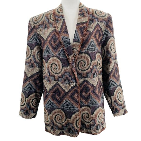 David Paul New York Vintage 80s Brown Aztec Ethnic Soft Flannel Retro Blazer M - Picture 2 of 13